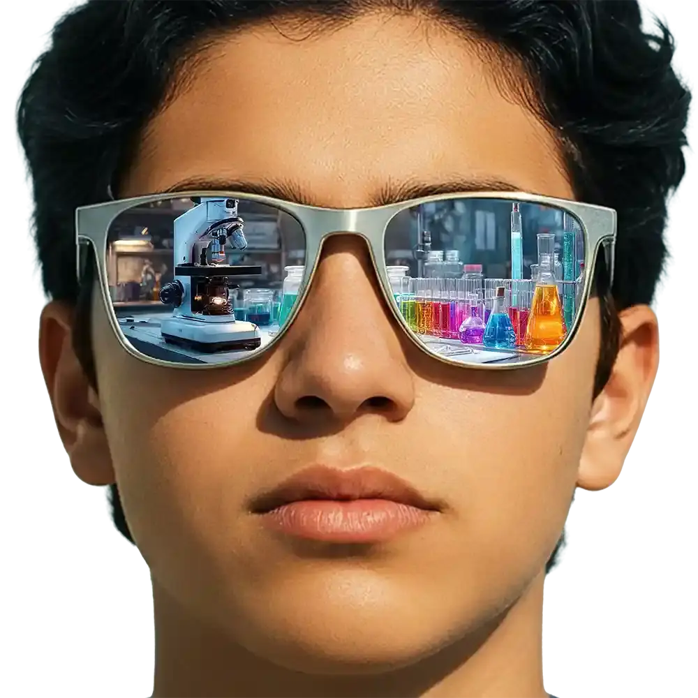 A close up of a girl wearing sunglasses that reflect her inner thoughts about her dream career in engineering