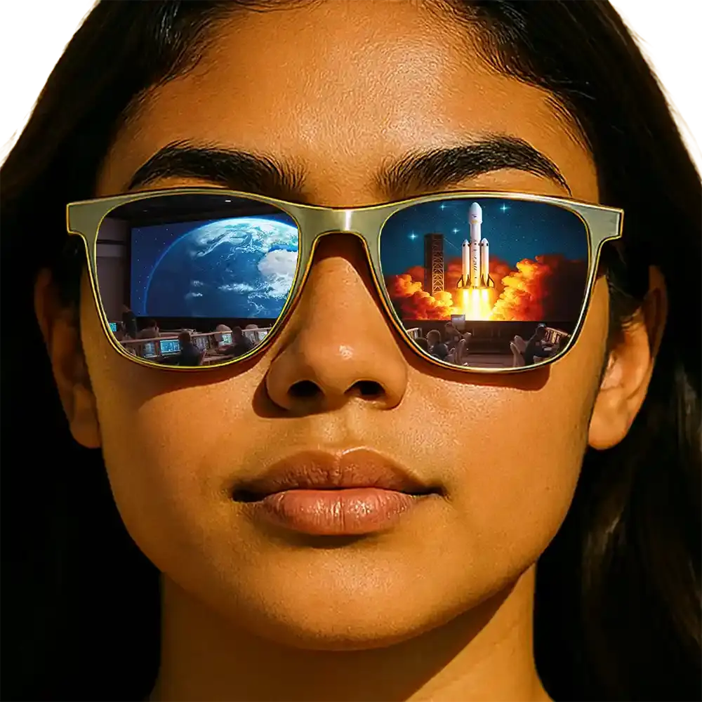 A close up of a girl wearing sunglasses that reflect her inner thoughts about her dream career in engineering